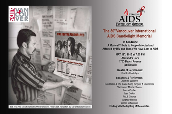Poster: 30th Vancouver International AIDS Candlelight Memorial - May 19, 2013 - Poster Photo: Bob Tivey, First Executive Director of AIDS Vancouver, Photo Credit: Ron Dutton, BC Gay and Lesbian Archives. aidsvancouver.org