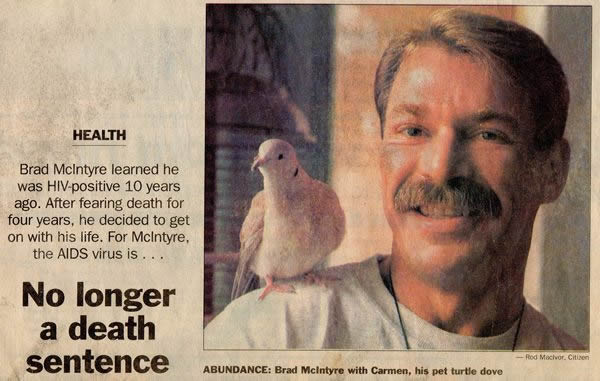 Article Image: Bradford McIntyre - No Longer a death sentence - Abundance: Brad McIntyre with Carmen, his pet turtle dove. Photo by Rod MacIvor - Ottawa Citizen.