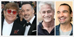 Image: Sir Elton John and David Furnish, Olympian Greg Louganis, and Broadway star Javier Munoz. Sir Elton John and David Furnish, Olympian Greg Louganis, and Broadway star Javier Munoz