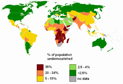 Figure 1: Percentage of population that are undernourished (credit: FAO) [3]