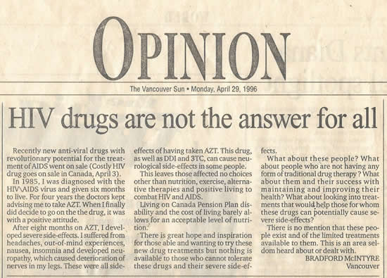 Article Image: HIV drugs are not the answer for all by Bradford McIntyre, Vancouvr - The Vancouver Sun - Monday, April 29, 1996