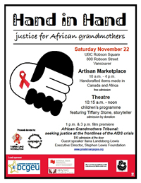 Poster: Hand in Hand - justice for African grandmothers - November 22, 2014 - greatervangogos.org