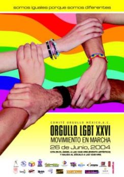 Poster: SOMOS IGUALES PORQUE SOMOS DIFERENTES - XXVI Marcha Del Orgullo LGBT De La Ciudad De Mxico - MOVIMENTO EN MARCHA-  26 de Junio, 2004 - Comit ORGULLO Mxico, A.C.