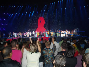 Photo: AIDS 2006: Red Ribbon Award Recipients - AIDS 2006: Opening Ceremonies - Red Ribbon Award Recipients on stage in the Rogers Centre - RED RIBBON AWARD: Celebrating Community Leadership and Action on AIDS - XVI International AIDS Conference -August 13 - 18, 2006, Toronto, Canada.