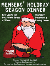 Poster: Positive Living BC Members' Holiday Season Dinner - Law Courts Inn - 800 Smithe Street 4th Floor - Thursday December 4, 2015 - 6.oo - 9.ooPM - positivelivingbc.org