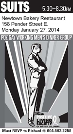 Poster: Suits Dinner - January 27, 2014 - Newtown Bakery - SUITS POZ GAY WORKING MEN'S DINNER GROUP - www.positivelivingbc.org