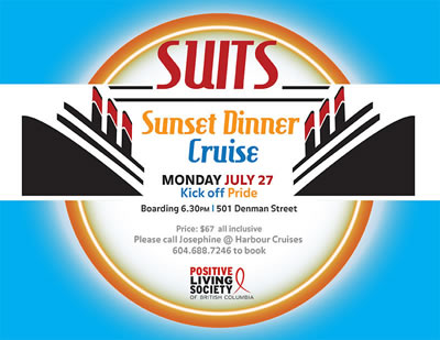 Poster: Suits - Poz Gay Working Men's Dinner Group - July  27, 2015 - Sunset Dinner Cruise - www.positivelivingbc.org