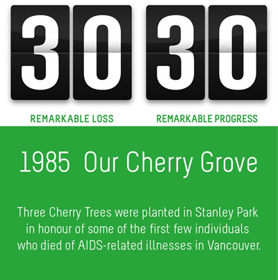 The 30 30 Campaign - 1985 Our Cherry Grove - Three Cherry Trees were planted in stanley Park in honour of some of the first few individuals who died of AIDS-related illness in Vancouver.