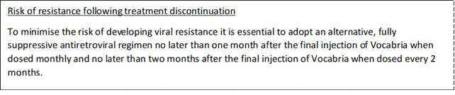 Risk of resistance following treatment discontinuation  To minimise the risk of developing viral resistance it is essential to adopt an alternative, fully suppressive antiretroviral regimen no later than one month after the final injection of Vocabria when dosed monthly and no later than two months after the final injection of Vocabria when dosed every 2 months.  