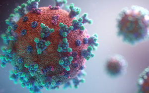 Artist rendering depicts the SARS-CoV-2 virus with its characteristic spike proteins. Photo credit: Unsplash