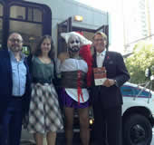Photo: Brian Chittock, AIDS Vancouver Executive Director, Rachel Nelken, AIDS Vancouver Board of Directors, Sister Lois Price, Sisters of Perpetual Indulgence, and Bradford McIntyre, Former AIDS Vancouver Vice Chair, leaving AIDS Vancouver's 7th Annual CELEBRITY DIM SUM aboard Candy Dart Shuttle. AIDS Vancouver's 7th Annual Celebrity Dim Sum - Saturday September 27, 2014 - Vancouver Bc. Canada. Photo by Rudolph Schmidt