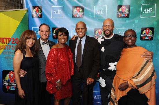 Photo: November 30, 2016: AIDS HEALTHCARE FOUNDATION  From left, Rosie Perez, AHF President Michael Weinstein, Patti LaBelle, Harry Belafonte, Common, and AHF Board Chair Cynthia Davis, are seen during AIDS Healthcare Foundations Keep the Promise Concert at the Dolby Theatre in Hollywood, CA on Nov. 30, 2016. 