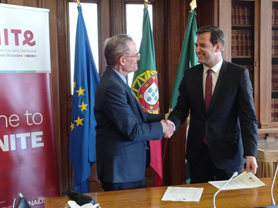 Photo: AHF President Michael Weinstein (left) and UNITE President and Member of Parliament in Portugal Ricardo Baptista Leite at the signing of the Memorandum of Understanding at the Portuguese National Parliament on March 24. (Photo: Business Wire) AHF President Michael Weinstein (left) and UNITE President and Member of Parliament in Portugal Ricardo Baptista Leite