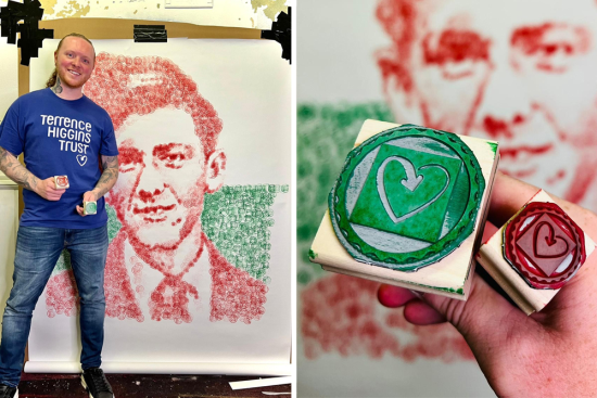 Nathan Wyburn with his painted stamped art of Terry Higgins as a schoolboy Nathan Wyburn with his painted stamped art of Terry Higgins as a schoolboy