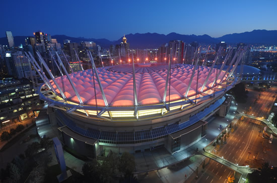BC place in downtown Vancouver? lit up in red and yellow for World Hepatitis Day (Image provided courtesy of BC Place)
