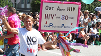 Photo: Bradford McIntyre, is Out About HIV, HIV+ for 30 years, in the 36TH ANNUAL Vancouver PRIDE PARADE. August 3, 2014.