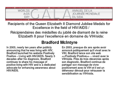 Bradford McIntye's Bio displayed on screen at Diamond Jubilee Medal Ceremony, held at the World AIDS Day Gala, November 27, 2012, Gatineau, Quebec.