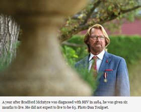 Photo: Bradford McIntyre: A year after he was diagnosed with HIV in 1984, he was told he had only six months to live. He did not expect to live to 63. Photo Credit: Dan Toulgoet, Vancouver Courier - August 19, 2014.