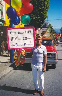 Bradford McIntyre, HIV+ since 1984; is Out About being HIV+ in the Vancouver Pride Parade, 2004. Vancouver, BC. Canada. Photo Credit: Deni Daviau