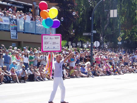 Photo: Bradford McIntyre, OUT ABOUT HIV, HIV+ for 20 years, marching in the 2004 Vancouver PRIDE Parade - www.PositivelyPositive.ca Bradford McIntyre, OUT ABOUT HIV, HIV+ for 20 years, marching in the 2004 Vancouver PRIDE Parade - www.PositivelyPositive.ca