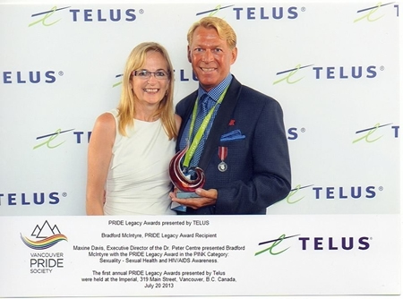 Bradford McIntyre (Right), PRIDE Legacy Award Recipient - Maxine Davis (Left), Executive Director of the Dr. Peter Centre presented Bradford McIntyre with the PRIDE Legacy Award in the PINK Category: Sexuality - Sexual Health + HIV/AIDS Awareness - July 20, 2013 - Vancouver, BC, Canada.