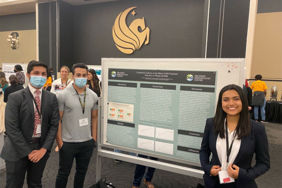 Photo: Undergraduate students, (left to right) Parth Chandan, Brandon Cohen and Daniela Castro, presenting their poster at the Florida Undergraduate Research Conference earlier this year. Undergraduate students, (left to right) Parth Chandan, Brandon Cohen and Daniela Castro, presenting their poster at the Florida Undergraduate Research Conference earlier this year.