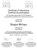 CAHR 2013 Certificate of Attendance - The Canadian Association for HIV Research certifies that Bradford McIntyre attended the 22nd Annual Canadian Conference on HIV Research April 11 - 14, 2013