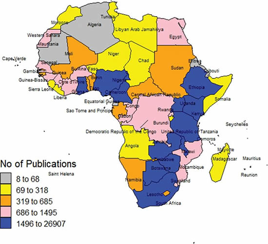 Image Caption: Color-coded Africa map representing the total number of publications per country by quintiles. mage Credit: Ijaiya et al., 2023, PLOS Global Public Health, CC-BY 4.0