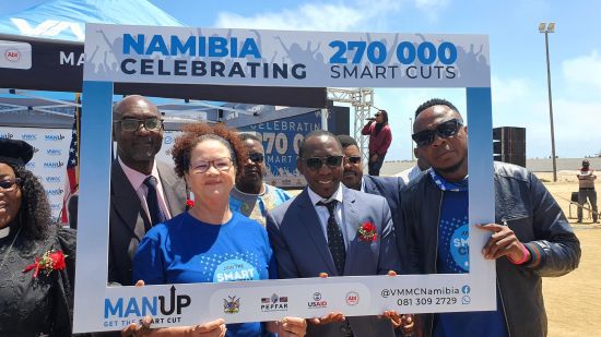From left to right: Deputy PEPFAR Country Coordinator Mao Tjiroze, MoHSS Deputy Executive Director Petronella Masabane, Erongo Governor Neville Andre Itope, and VMMC Ambassador and local musician King Tee Dee. From left to right: Deputy PEPFAR Country Coordinator Mao Tjiroze, MoHSS Deputy Executive Director Petronella Masabane, Erongo Governor Neville Andre Itope, and VMMC Ambassador and local musician King Tee Dee.