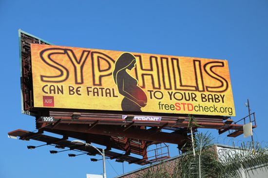 A previous AHF billboard campaign offering a warning about the dangers of congenital syphilis with a link for the public to get information on testing and treatment at www.freeSTDcheck.org 
