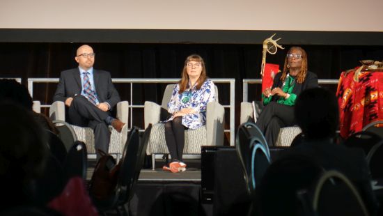 The first panel discussion was moderated by Stan Woo (not pictured) and featured Canadian researchers David Savage, Kerstin Dautehahn and Michelle Johnson.