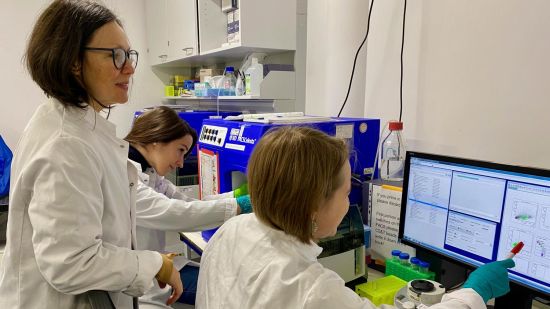 Dr Marina Lusic, Mona Rheinberger and Dr Bojana Lucic (from left) investigating the viral infection condition of cells by fluorescence-activated cell sorting. © AG Lusic Universitätsklinikum Heidelberg/Marina Lusic Dr Marina Lusic, Mona Rheinberger and Dr Bojana Lucic (from left) investigating the viral infection condition of cells by fluorescence-activated cell sorting. © AG Lusic Universitätsklinikum Heidelberg/Marina Lusic