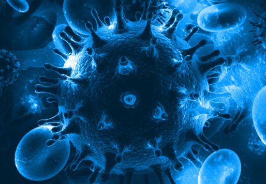 Image: An illustration of HIV and blood cells, coloured blue. Credit: Imperial College London An illustration of HIV and blood cells, coloured blue. Credit: Imperial College London