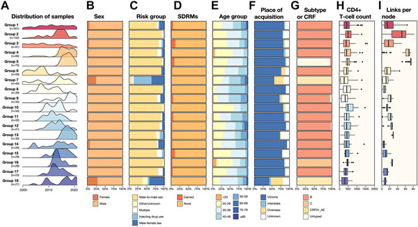 Characteristics of large HIV-1 transmission groups within Victoria, Australia. (A) Distribution of samples for molecular transmission groups. B–E) Summary of the proportion of different sexes (B), risk groups (C), SDRM (D), age groups (E), probable place of acquisition (F) and subtype or CRF (G) within major transmission groups. (H) Distribution of CD4+ T-cell counts within major transmission groups. Box plots indicate median and IQR, with whiskers representing highest and lowest values within 1.5 × IQR of the upper and lower quartiles, and dots representing outliers. (I) Distribution of per node links within major transmission groups. Box plots indicate median and interquartile range (IQR), formatted as above. Characteristics of large HIV-1 transmission groups within Victoria, Australia. (A) Distribution of samples for molecular transmission groups. B–E) Summary of the proportion of different sexes (B), risk groups (C), SDRM (D), age groups (E), probable place of acquisition (F) and subtype or CRF (G) within major transmission groups. (H) Distribution of CD4+ T-cell counts within major transmission groups. Box plots indicate median and IQR, with whiskers representing highest and lowest values within 1.5 × IQR of the upper and lower quartiles, and dots representing outliers. (I) Distribution of per node links within major transmission groups. Box plots indicate median and interquartile range (IQR), formatted as above.
