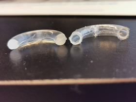 Photos of IVR: the left half of the ring is a solid section that releases gene-therapy. The right half of the ring is a hollow portion that releases HCQ. Yannick Traore, a recent University of Waterloo PhD graduate.