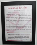 Interactive Timeline - Artist: Peggy Frank - Materials: Pen, watercolour pencils, and pastels on canvas. The history of HIV and AIDS is filled with public events, discrimination, collaboration with allies, piercing calls for justice, and stigma, along with grand openings and horrific closings of hubs for people living positively. Creating this timeline has been an emotional journey. I am grateful to individuals and agencies who provided information. My interpretation is that of a positive women with her heart in rural BC - a woman who devotes time and energy to human rights.