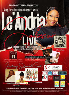 Sing for a Cure Concert with LeAndria Johnson. In observance of the National Week of Prayer for the Healing of HIV/AIDS. Friday March 11, 2022.