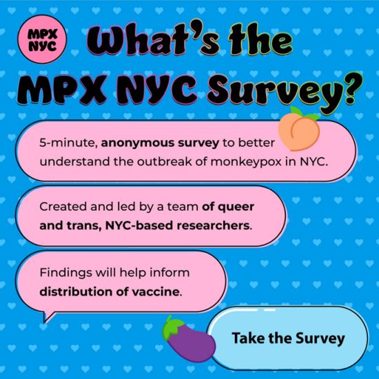 Image from MPX NYC marketing campaign. What's the MPX NYC Survey? Take the Survey - Image Credit: MPX NYC / Burness, CC-BY 4.0. plos.io/3WTFaV3