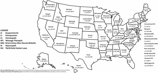 Caption: Statutory regulation of traditional and complementary medicine practitioners in the United States. Credit: Ijaz et al., 2023, PLOS Global Public Health, CC-BY 4.0 (https://creativecommons.org/licenses/by/4.0/) Caption: Statutory regulation of traditional and complementary medicine practitioners in the United States.