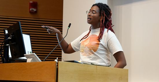 Morningside Graduate School of Biomedical Sciences student Milky K. Abajorga presenting her work on KoRV-A, a retrovirus threatening the koala population. Photo: Colleen Locke Morningside Graduate School of Biomedical Sciences student Milky K. Abajorga presenting her work on KoRV-A, a retrovirus threatening the koala population. Photo: Colleen Locke