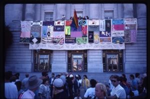 The NAMES Project AIDS Memorial Quilt panels displayed at San Francisco City Hall during San Francisco Lesbian and Gay Freedom Day Parade.
