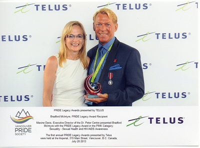  Maxine Davis, Executive Director of the Dr. Peter Centre, presented Bradford McIntyre with the Pride Legacy Award in the PINK Category: Sexuality (Sexual Health + HIV/AIDS Awareness), July 20, 2013.