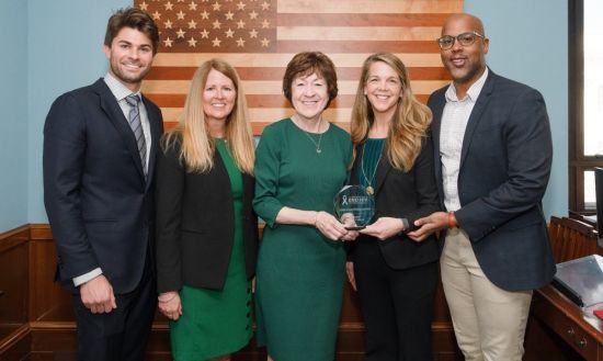 Sen. Susan Collins, center, receives an inaugural Champion Award from the U.S. Business Action to End HIV, represented here by Cal Neikirk, MISTR's Chief of Staff; Carie Blackburn, Head of Government Relations and Advocacy at Viiv Healthcare; Caroline Jackson, Director of U.S. Business Action to End HIV; and Will Cunningham, Match Group's Senior Director and Head of Government Relations for the Americas.