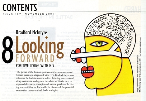 SHARED VISION Magazine, November 2001: Bradford McIntyre Looking FORWARD POSITIVE LIVING WITH HIV. Art Image by Joe Average: My Thinking Cap by Joe Averageart Inc - www.joeaverageart.com