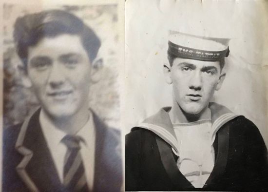 Black and white photos of Terry Higgins as a schoolboy and as a navy man in uniform. Photo by Rupert Whitaker OBE.