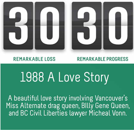 The 30 30 Campaign - 1988 A Love Story - A beautiful love story involving Vancouver's Miss Alternate drag queen, Billy Gene Queen, and BC Civil Liberties lawyer Micheal Vonn. 3030.AIDSVancouver.org