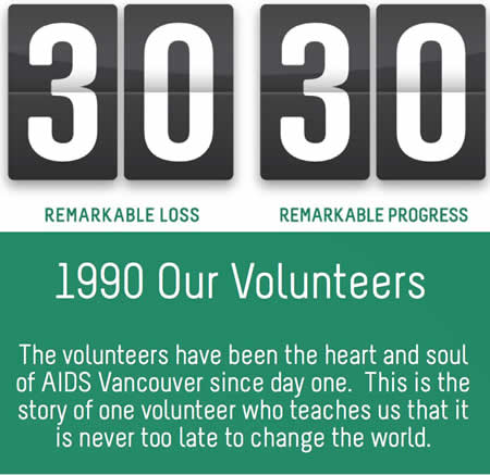 The 30 30 Campaign - 1990 Our Volunteers - The volunteers have been the heart and soul of AIDS Vancouver since day one. This is the story of one volunteer who teaches us that it is never too late to change the world. 3030.AIDSVancouver.org