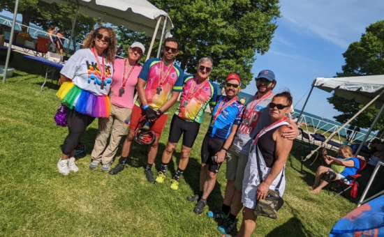 The UI Health UCCN team during Ride for Life June 18-19, 2022: (left) Dr. Alfredo Mena Lora, Diana Bahea, Charlie Peterson and Dr. Richard Novak; (center) Robert Taylor, Keith Ulrich, Christopher Owen and Nick Llinas; and (right) Charlie Peterson. UI Health UCCN team during Ride for Life June 18-19, 2022