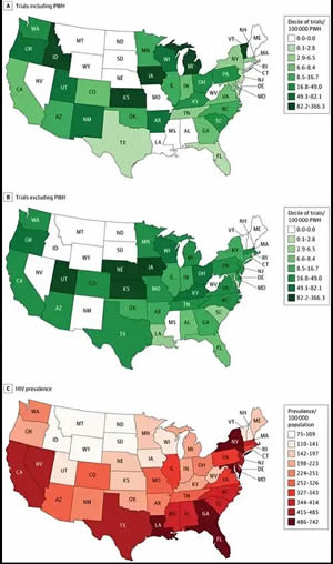 From &ldquo;Geospatial Access to CAR-T Clinical Trials for Non-Hodgkin Lymphoma for Persons With HIV,&rdquo; Maps of Prevalence of Trials by HIV Inclusion and/or ExclusionA and B, Color density in the key for each range is based on deciles of trials per 100 000 persons with HIV (PWH) calculated for trials that included PWH.