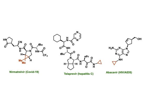 Cyclopropanes are ring of three connected carbon atoms that occur in many drugs currently approved by the FDA, including those used to treat COVID-19, asthma, hepatitis C, and HIV/AIDs. On a chemical diagram, they appear as a triangle (noted here in red), with a carbon atom at each point of the triangle. One of the carbon atoms is attached to the rest of the drug molecule and the other two are each attached to two hydrogen atoms. <strong>Credit: Giri Lab / Penn State. Creative Commons 3 chemicla diagrams of drug molecules